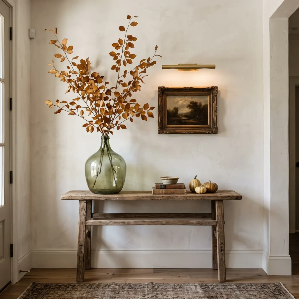 Entryway console table with tall fall branches in a ceramic vase and a warm brass picture light.