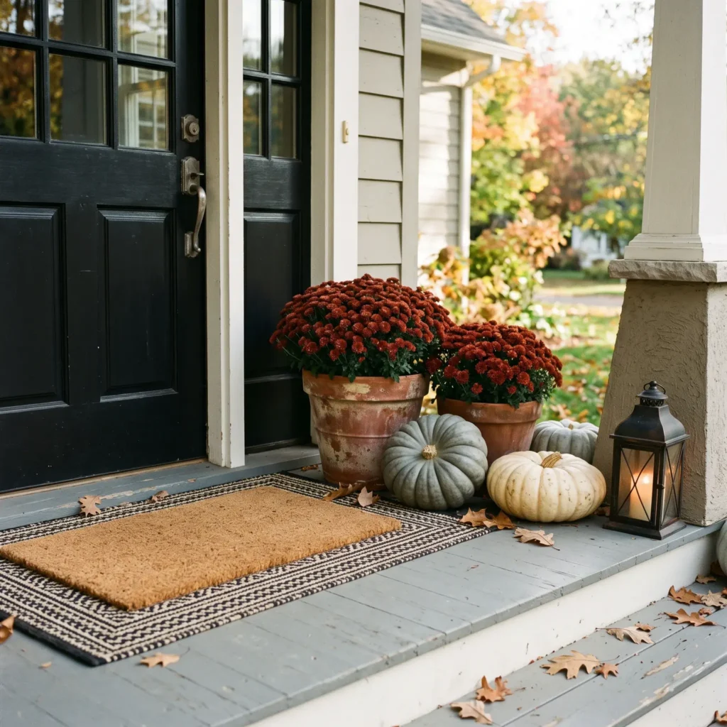 Fall front porch entrance featuring layered outdoor rugs, terracotta pots of bronze mums, and blue Jarrahdale heirloom pumpkins.