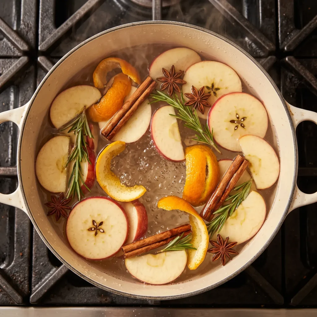 Cream enameled Dutch oven simmering on a stove with sliced apples, orange peels, cinnamon sticks, and star anise.