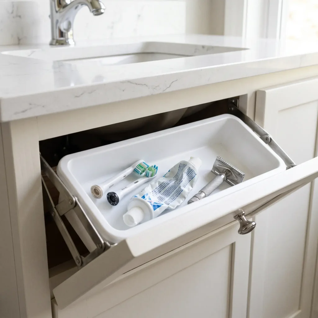 Drop-down tip-out tray mounted behind a false drawer front beneath a bathroom sink.