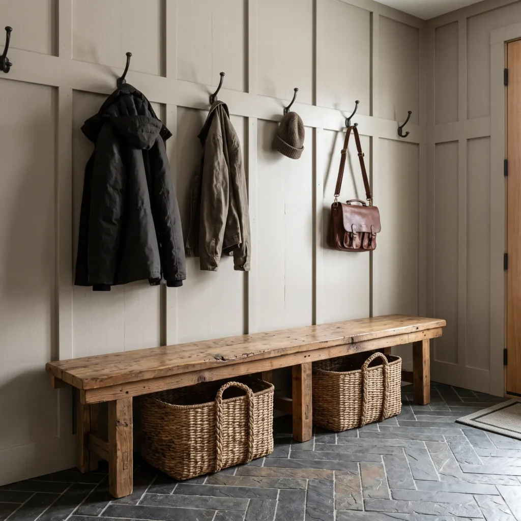 Modern farmhouse entryway with full board-and-batten wall treatment, forged iron hooks, and a reclaimed wood bench.