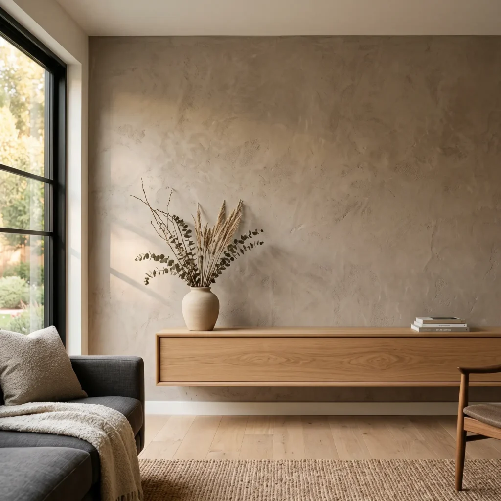 Living room with warm taupe faux Roman clay peel and stick wallpaper behind a white oak console table.