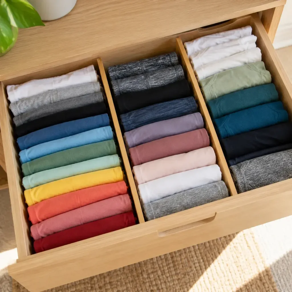 Top view of an open wooden dresser drawer showing t-shirts filed vertically with bamboo dividers.