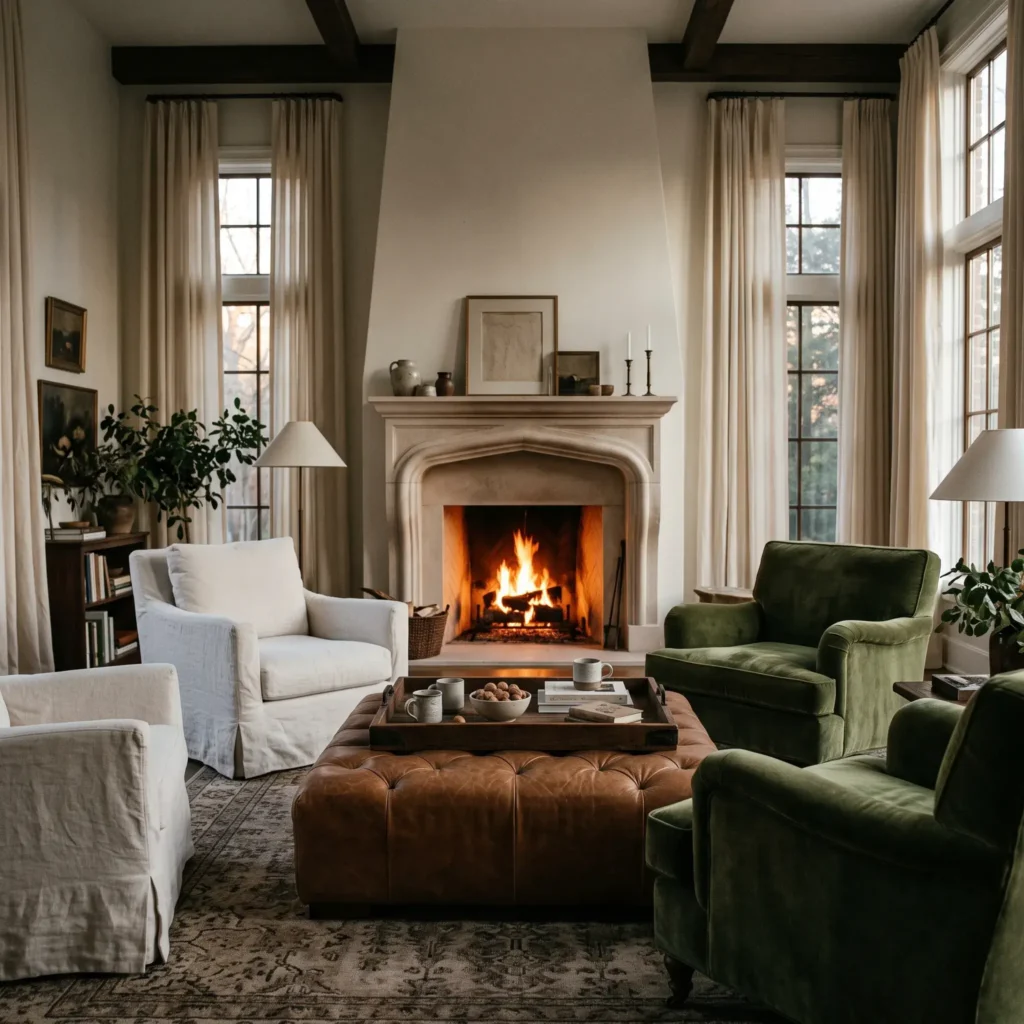  Four slipcovered armchairs arranged around a tufted leather ottoman in front of a stone fireplace.