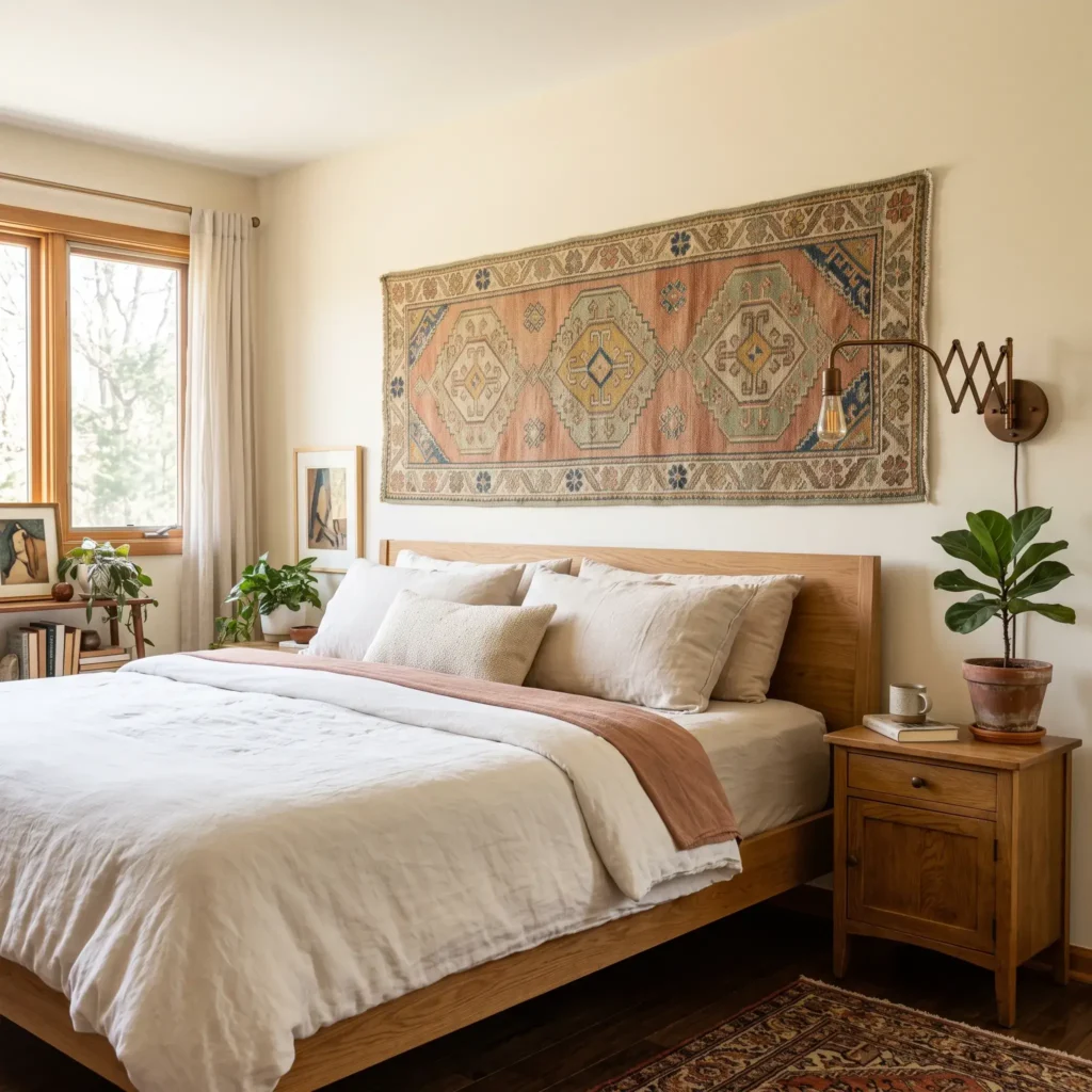 Geometric flatweave kilim rug mounted flat on the wall behind a bed using invisible fasteners.