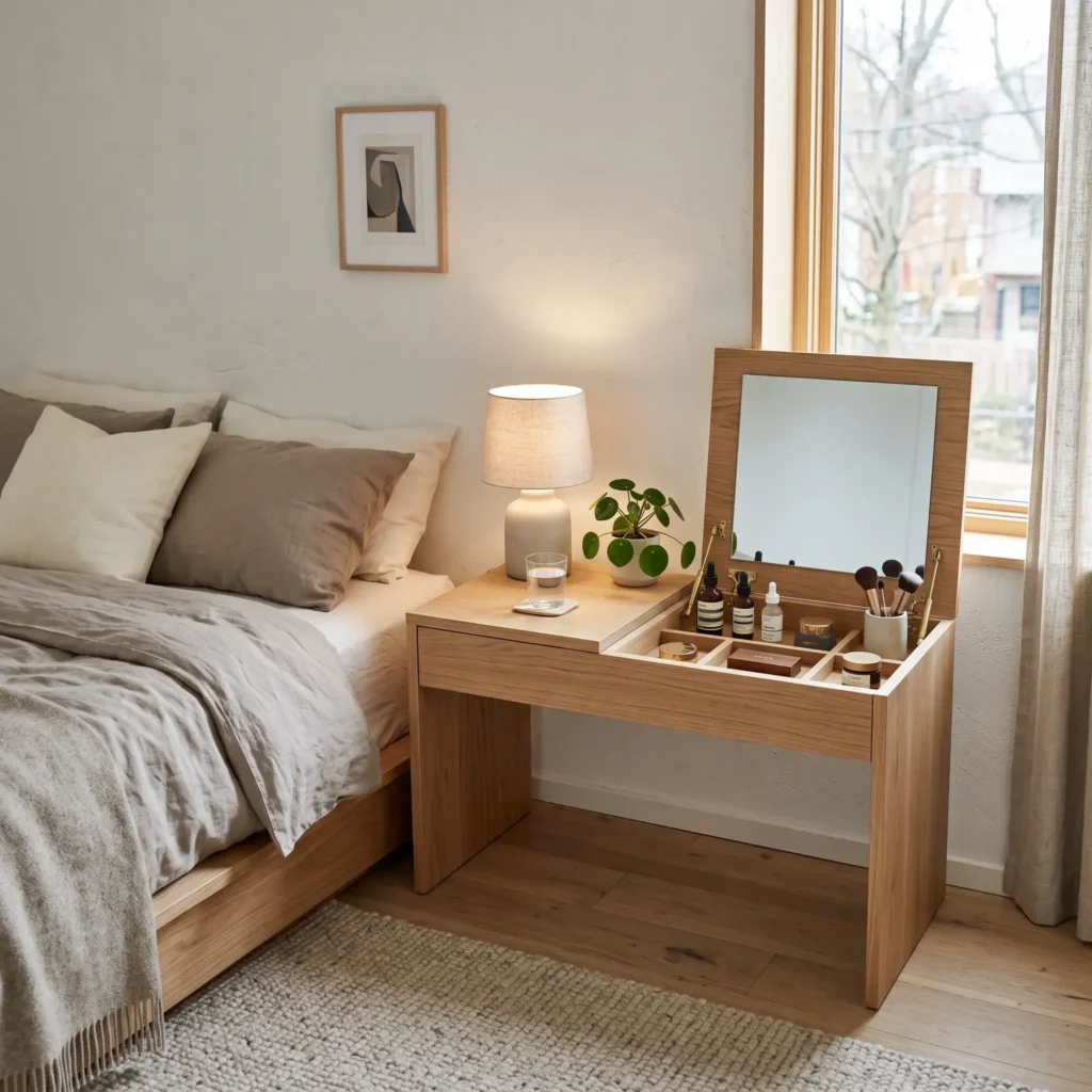Dual-purpose nightstand featuring a flip-top lid with built-in mirror and cosmetic organizers beside a bed.