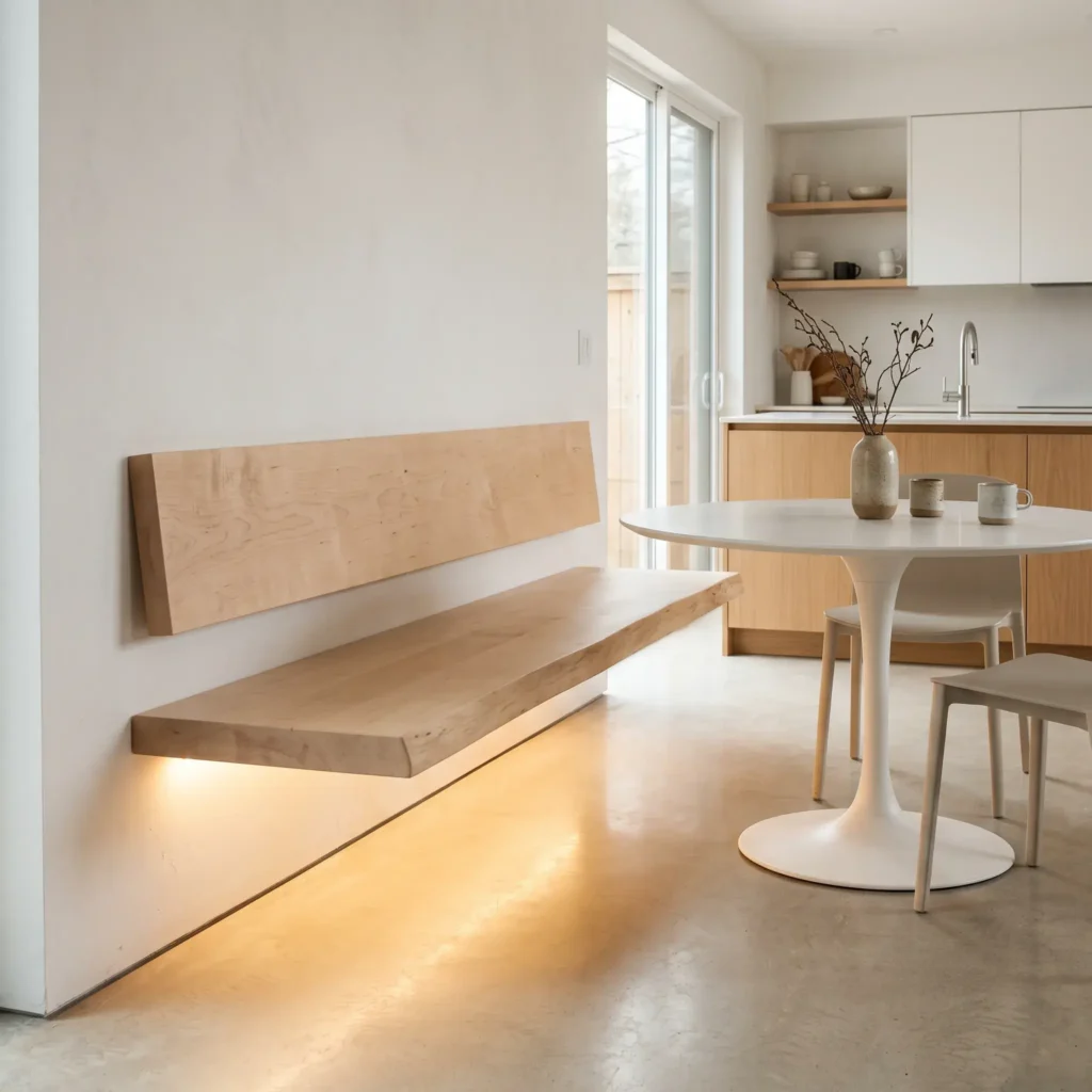 Minimalist floating kitchen breakfast nook bench mounted to the wall with warm under-bench LED lighting.