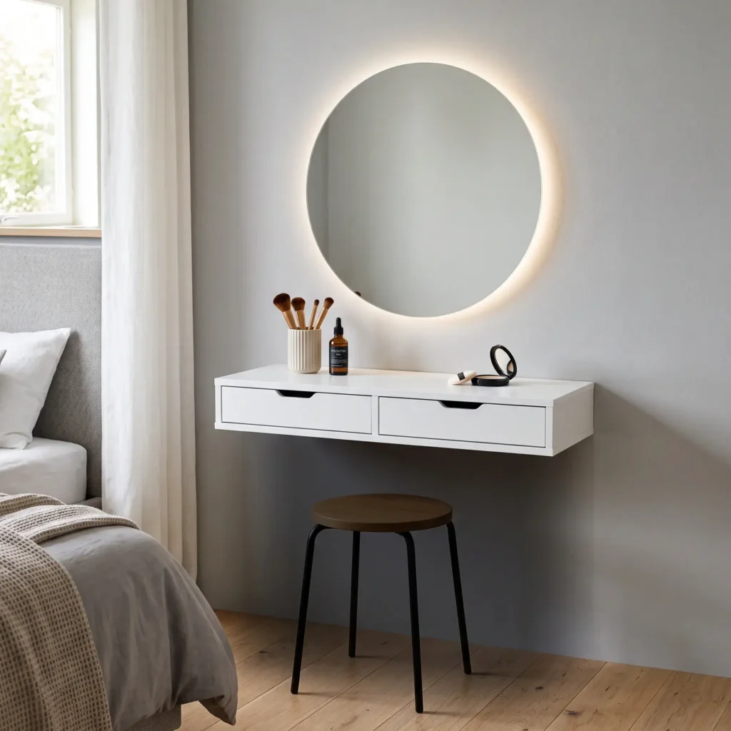 White floating drawer vanity mounted on a bedroom wall with a backlit round LED mirror and small oak stool.