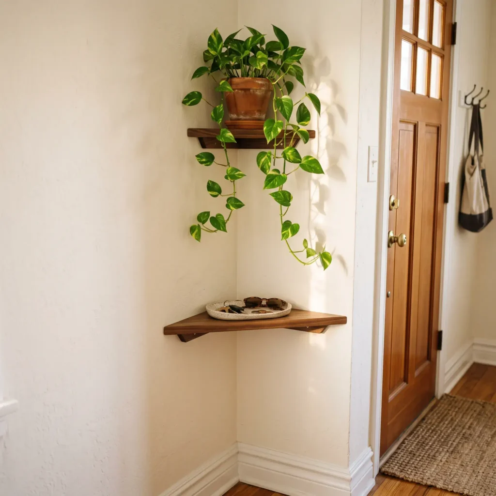 Floating wooden corner shelf holding a key tray with a trailing pothos plant mounted overhead.