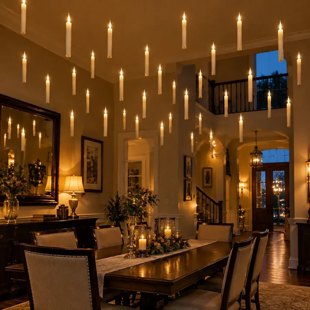 Suspended battery-powered floating candles glowing warmly at staggered heights below a home ceiling.