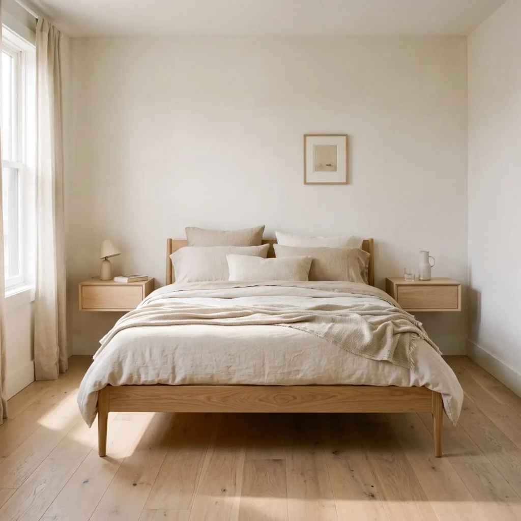 Low platform bed with exposed tapered legs and floating wall-mounted nightstands showing clear floor space in a small bedroom.