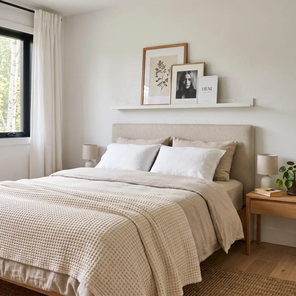 White oak floating picture ledge with safety retaining lip holding layered picture frames above a Queen headboard.