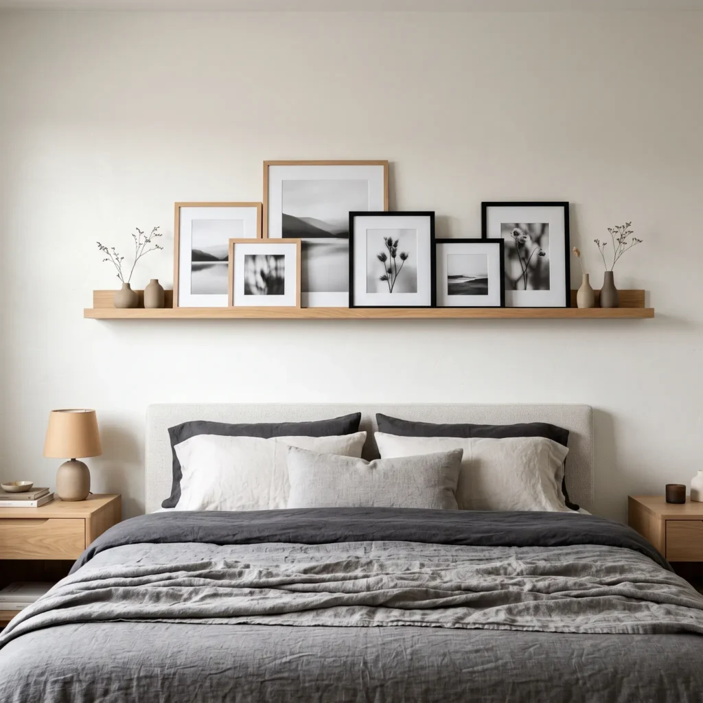 Solid oak picture ledge shelf with raised front lip holding framed art above a bed.