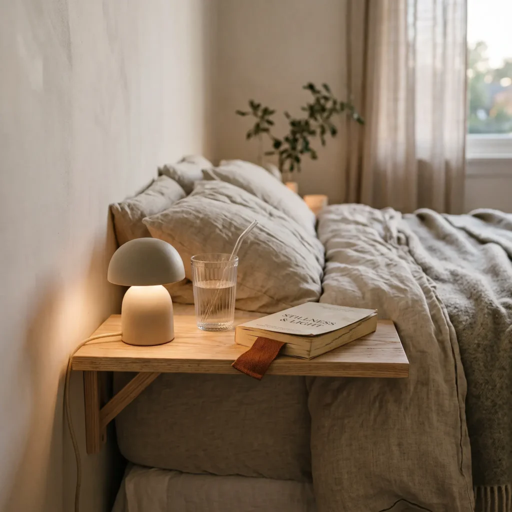 Small natural ash floating shelf beside a bed holding a modern reading lamp, drinking glass, and a book.