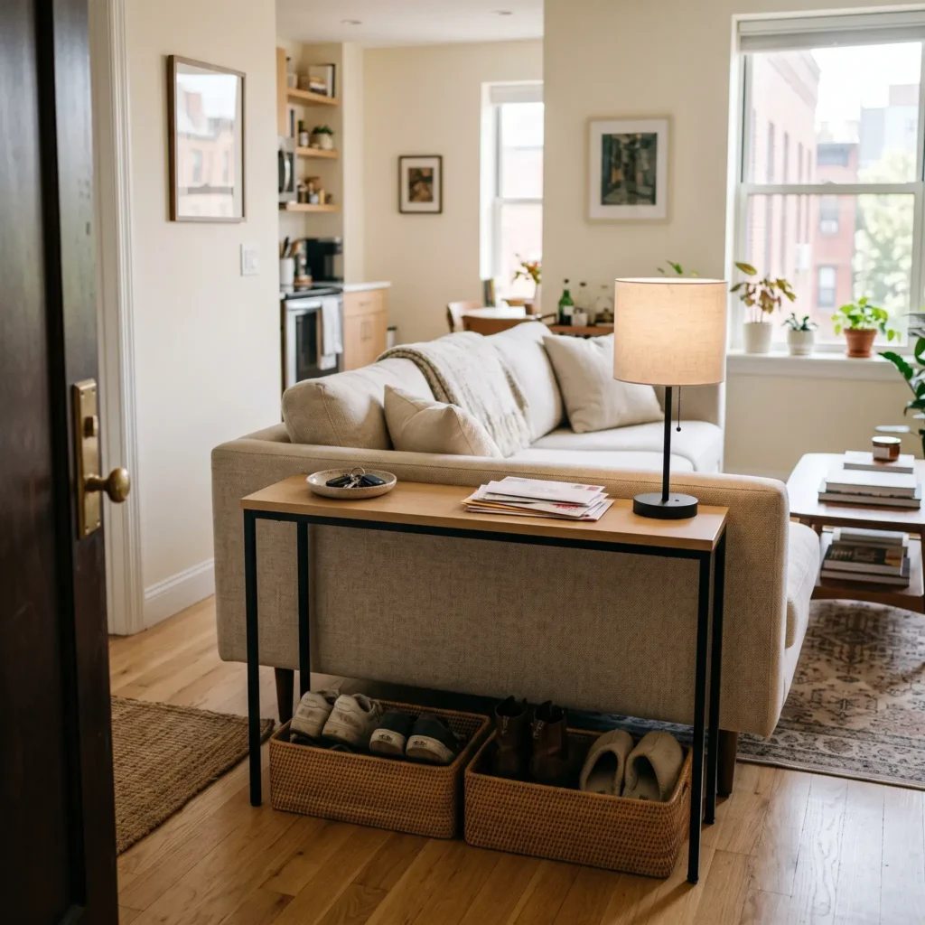 Narrow wood console table placed behind a floating living room sofa creating an entryway path.