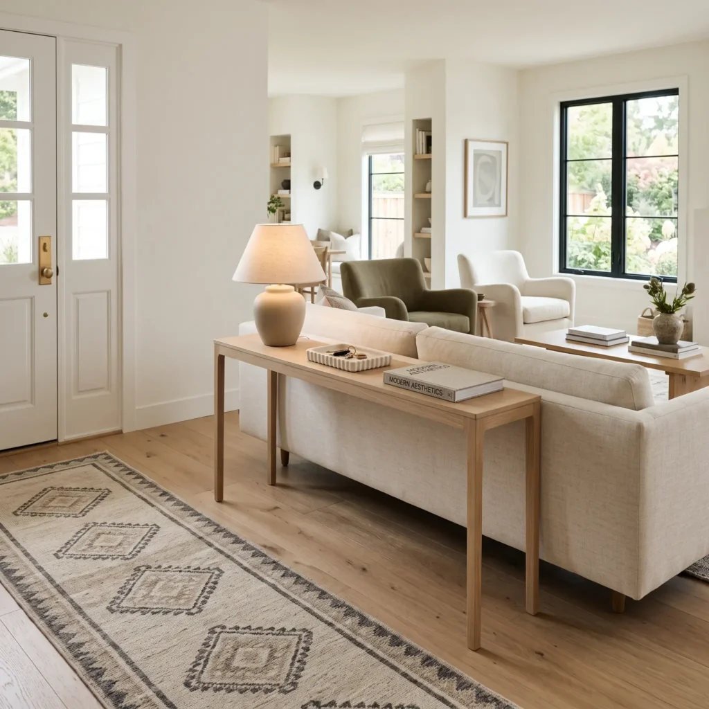 Floating sofa backed by a narrow oak console table creating an entryway walkway in an open living room.