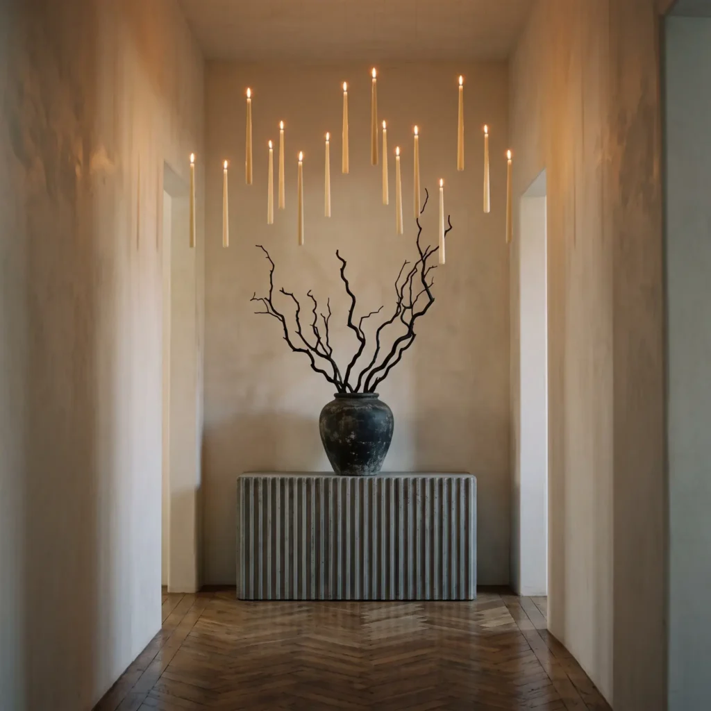 Modern entryway with realistic LED taper candles suspended at varied heights above a stone console table with black branches.