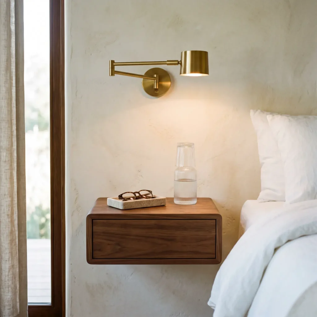 Floating walnut nightstand mounted on a bedroom wall with a brass sconce, stone tray, and glass carafe.