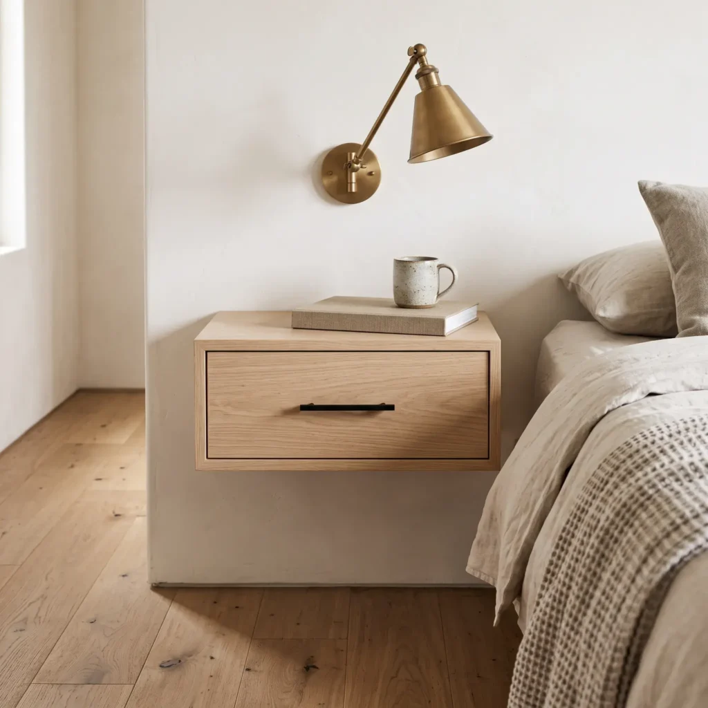 Floating white oak modern farmhouse nightstand mounted above clear hardwood floors with a brass wall sconce.