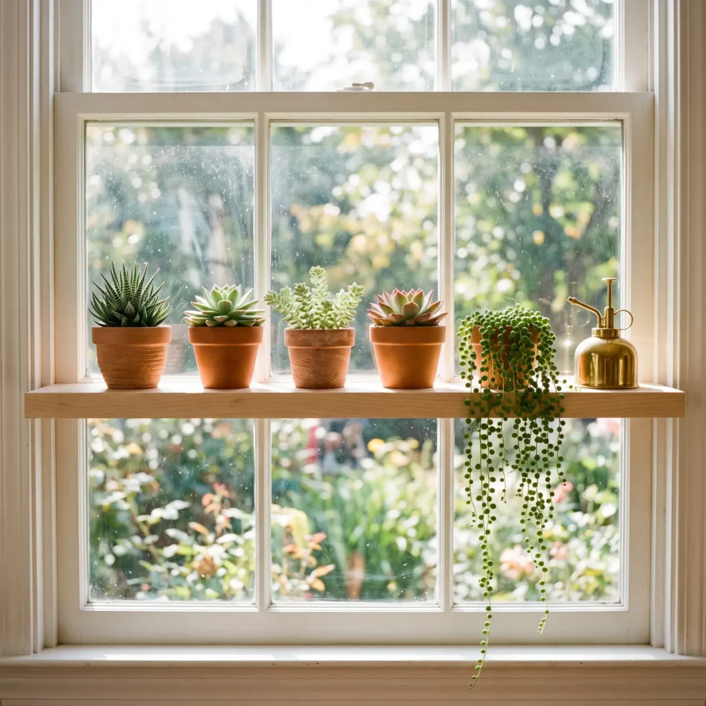 A wooden floating shelf spanning across a bright window frame holding small potted succulents and herbs.