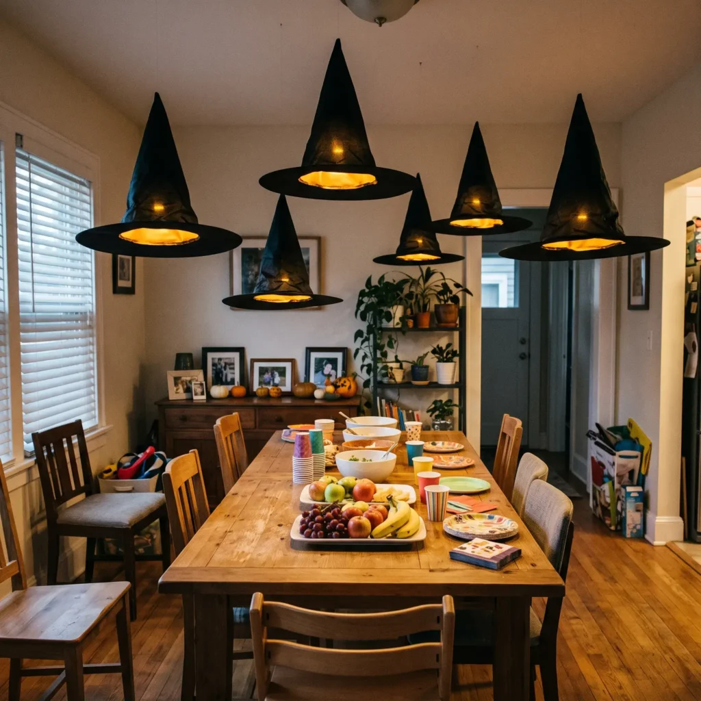 Black fabric witch hats with warm lights floating above a Halloween party snack table