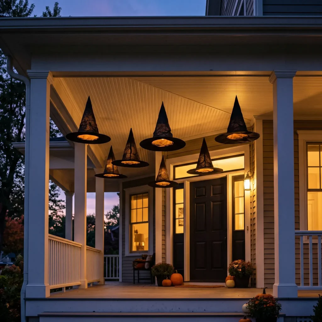 Black floating witch hats illuminated with warm puck lights hanging from a front porch ceiling.