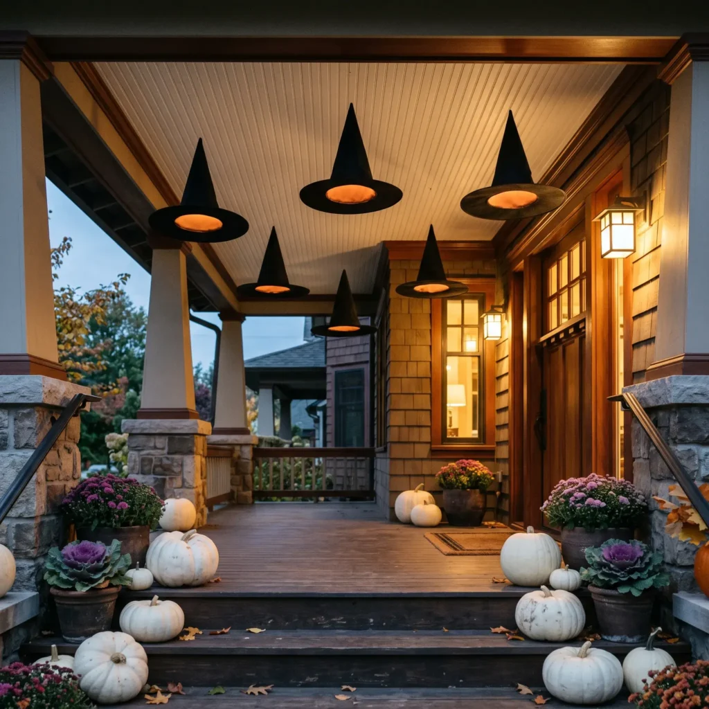 Floating black witch hats glowing with warm LED lights on a covered front porch with white pumpkins.