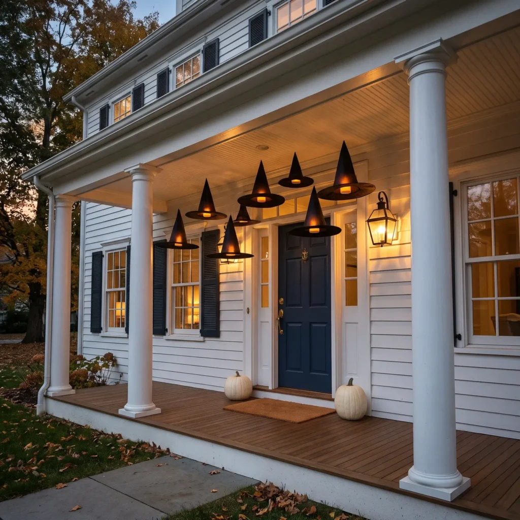 Illuminated black witch hats suspended from a covered front porch ceiling glowing with warm amber light.