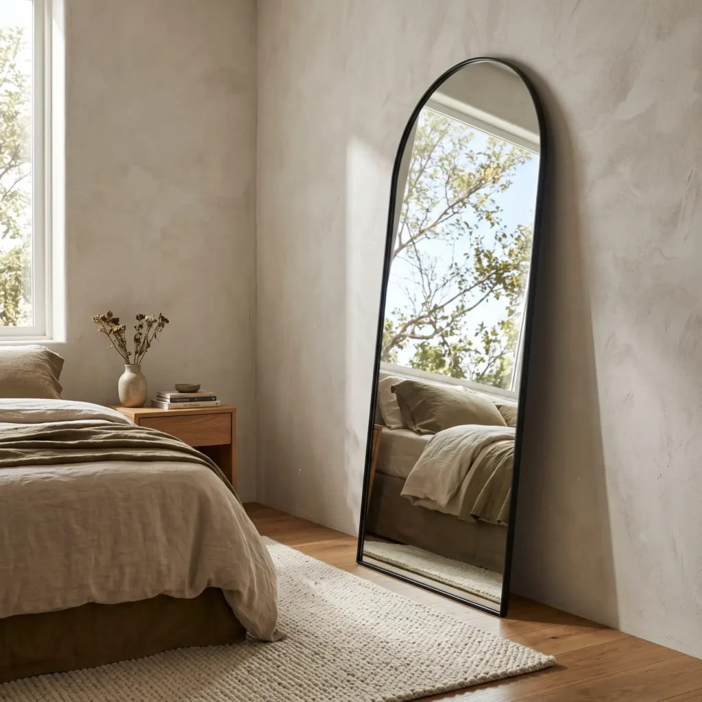 Tall leaner mirror placed adjacent to a bedroom window reflecting natural daylight to brighten a small space.
