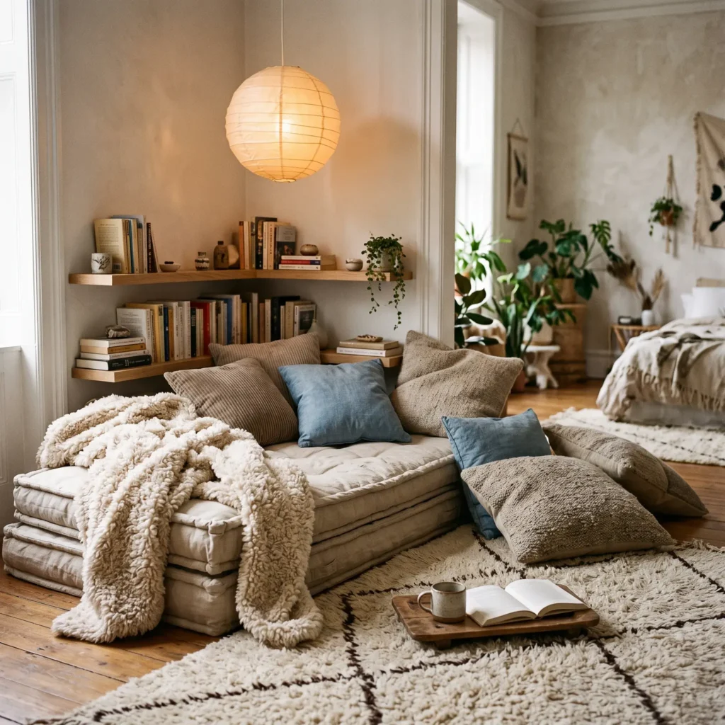 Floor reading nook with stacked French-tufted cotton cushions, high-pile wool rugs, and warm ambient light.