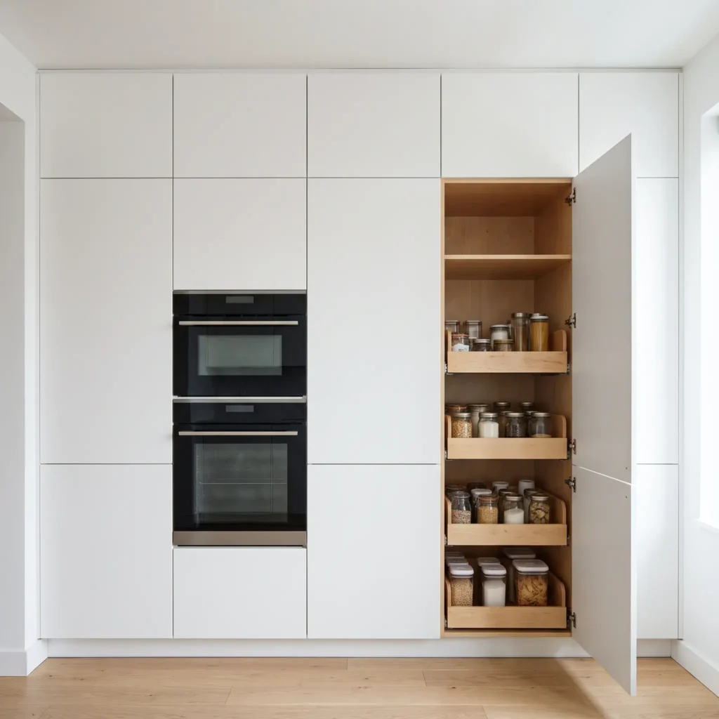 Floor-to-ceiling small kitchen storage wall built with stacked IKEA SEKTION cabinets and smooth VEDDINGE white flat panels.