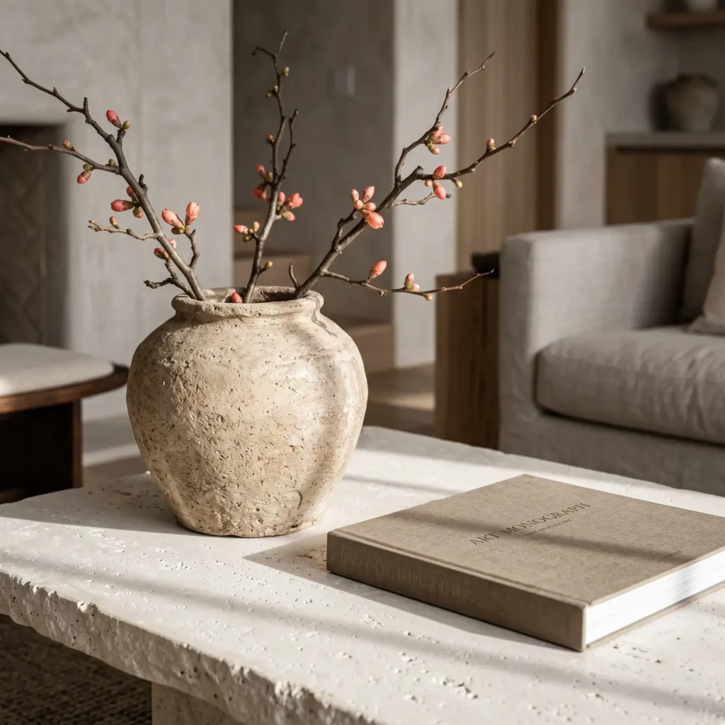 Tall budding quince branches in a heavy stone urn on a minimalist living room table.