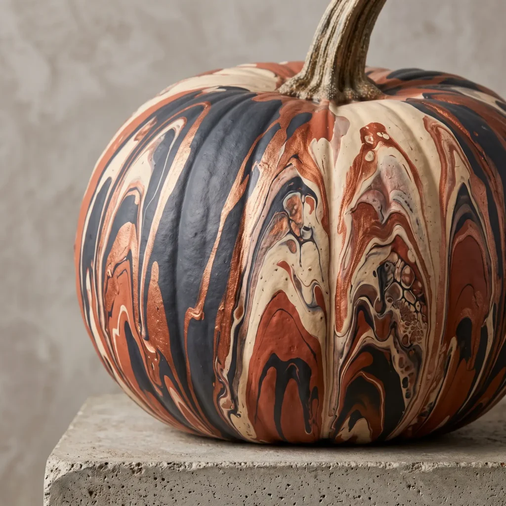 White pumpkin coated in dripping ribbons of charcoal, cream, and copper fluid acrylic paint.