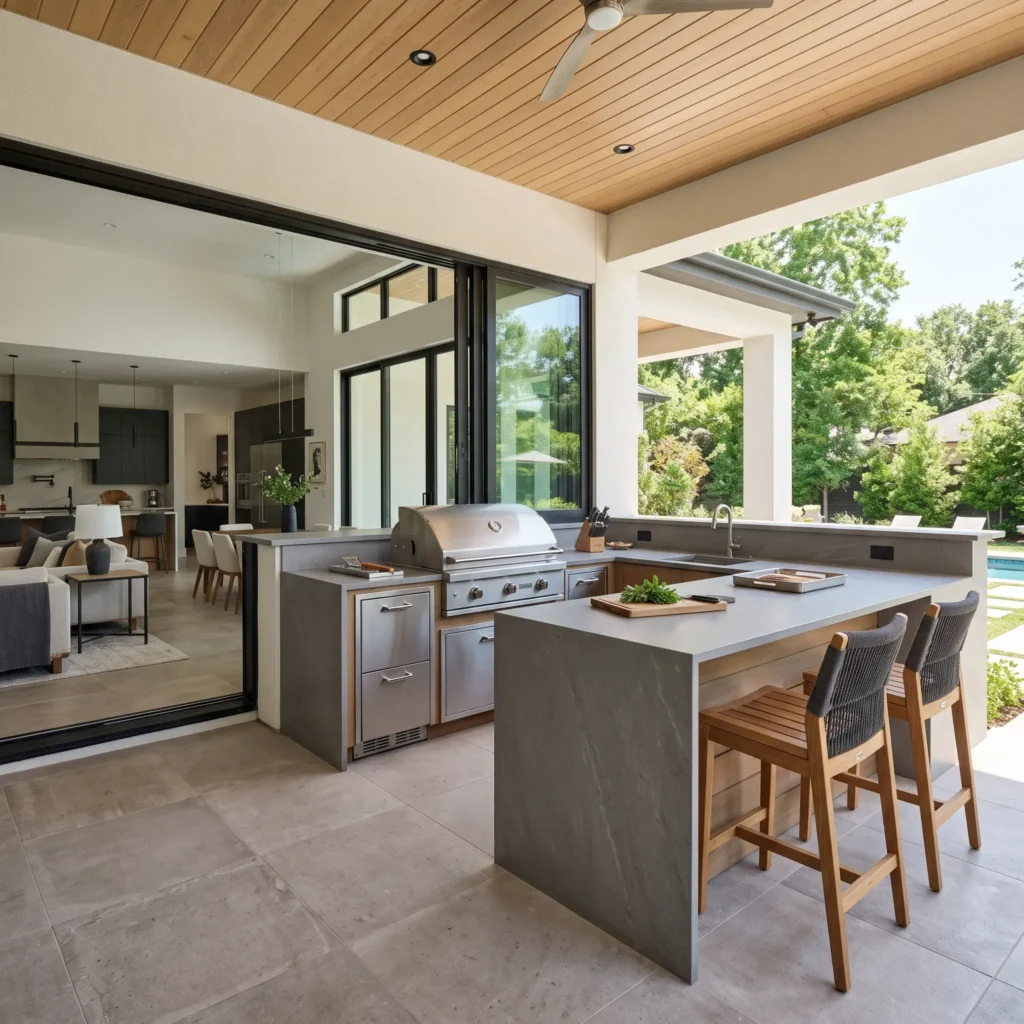 High-end outdoor kitchen featuring sintered stone waterfall countertops, built-in grill, and flush transition from the home interior.