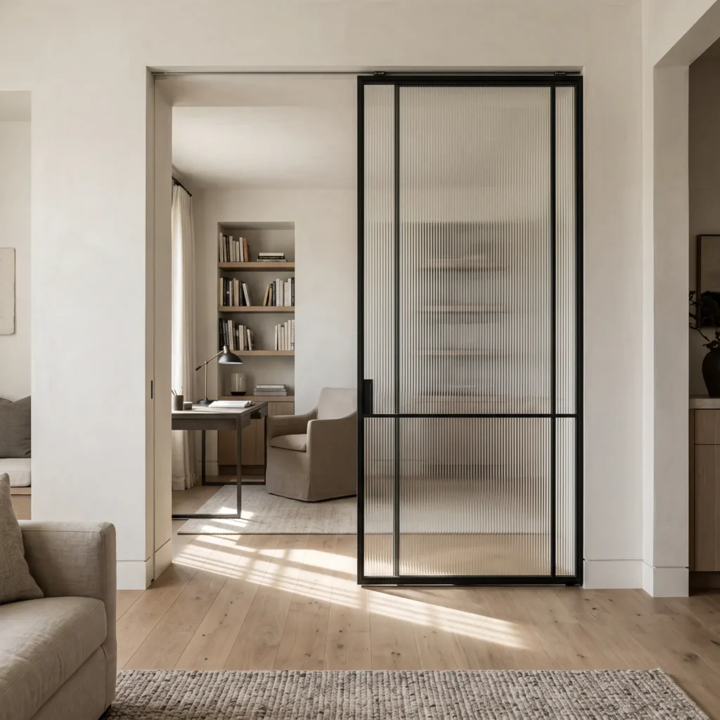 Matte black steel sliding door with fluted glass separating a modern living room from an adjoining study.