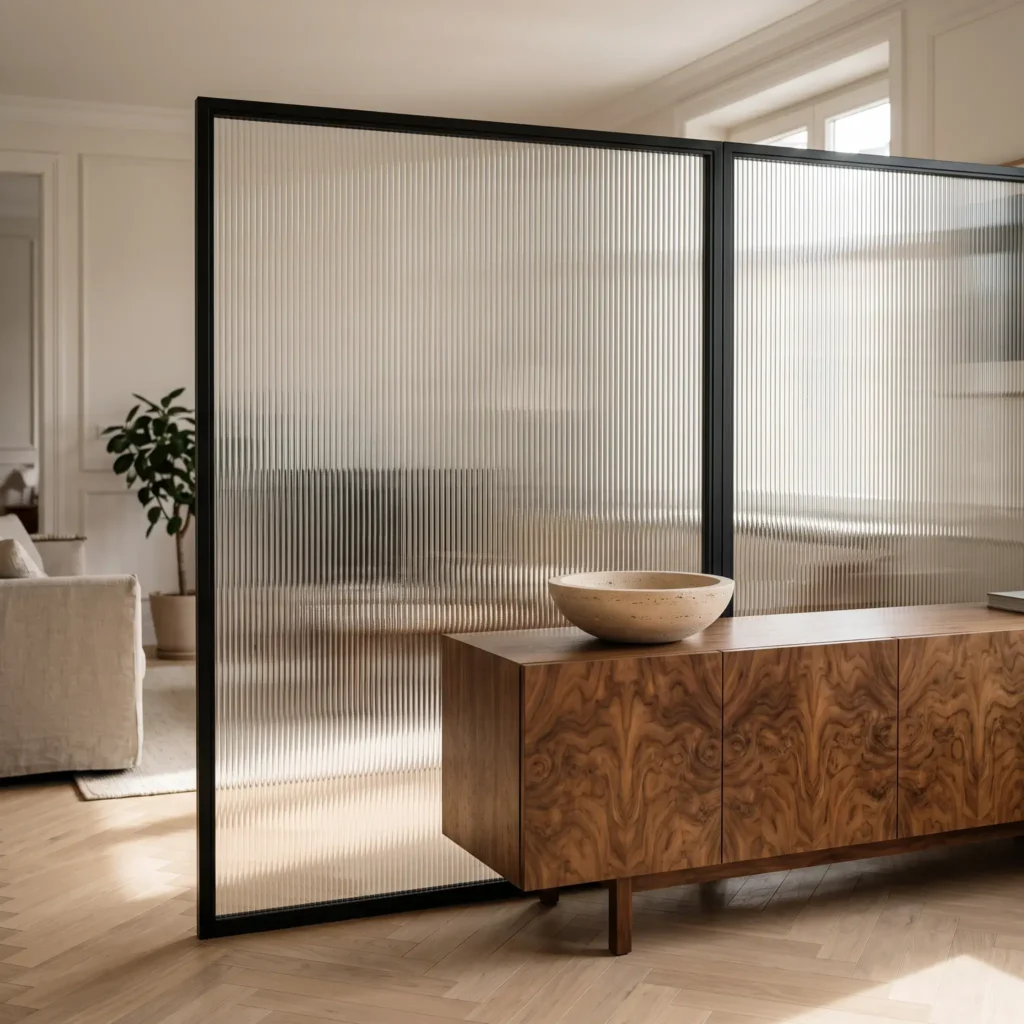 Fluted glass partition screen standing behind a rich walnut burl wood credenza in an open-concept living room.