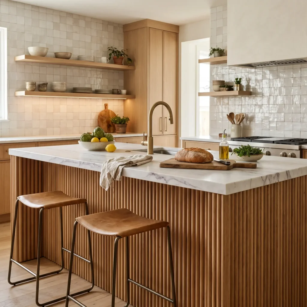 Kitchen island wrapped in vertical fluted oak paneling with white zellige tile backsplash and brass stools