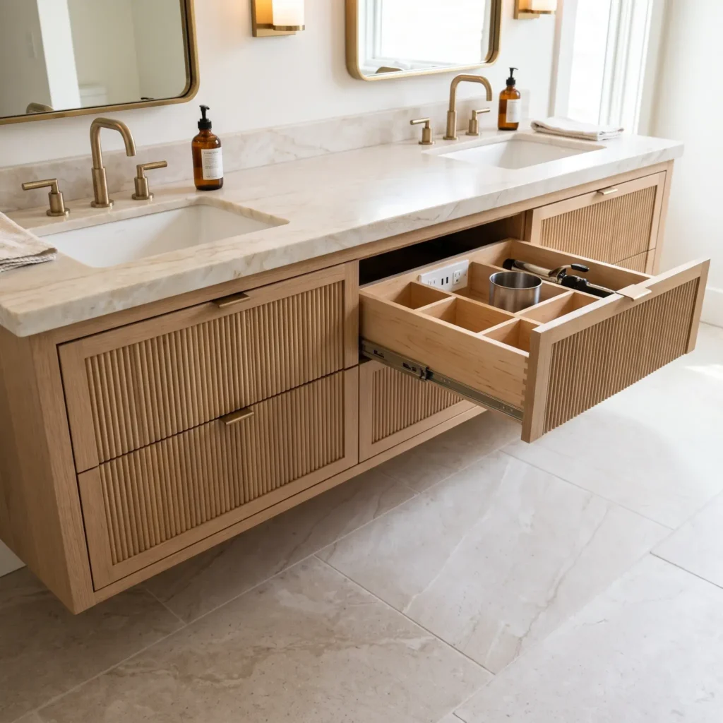  72-inch floating fluted white oak double vanity with a creamy quartz countertop, undermount ceramic sinks, and an open drawer showing a built-in electrical outlet and hair dryer holster.