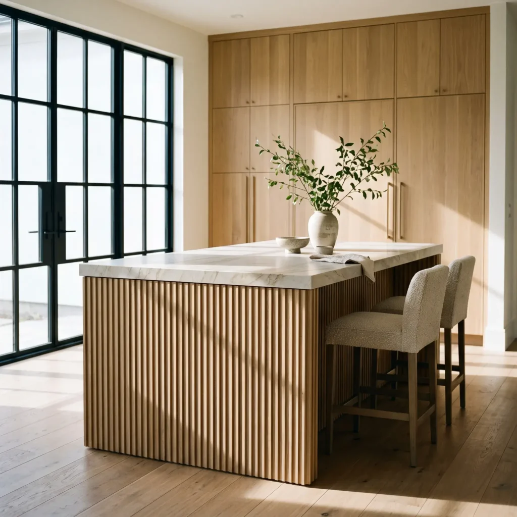 Modern kitchen featuring a fluted white oak island with a honed Taj Mahal quartzite countertop and brass pulls.