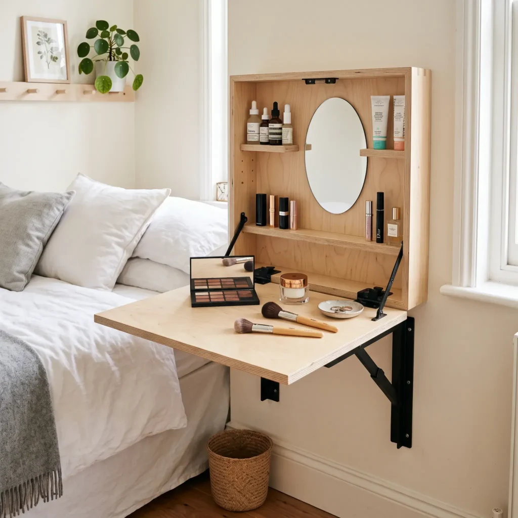 Fold-down wall mounted drop-leaf vanity desk open in a narrow bedroom showing cosmetic storage shelves.
