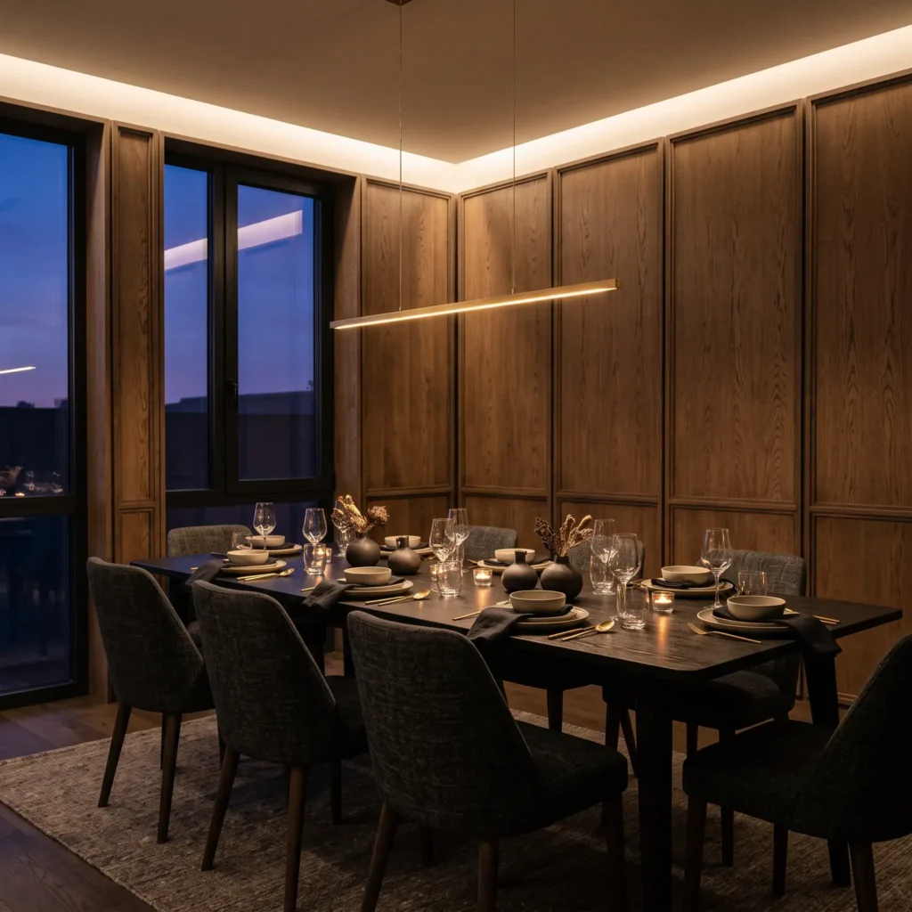 Modern formal dining room with smoked oak boiserie paneling and a linear brass pendant light over an ebonized wood table.
