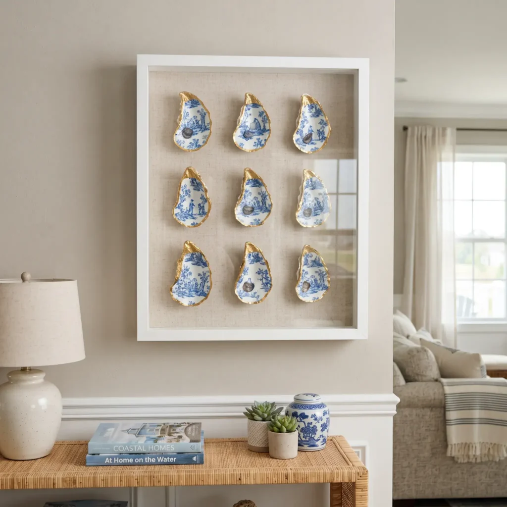 Modern shadowbox frame mounted on a gray wall containing nine decoupaged oyster shells in a neat grid on linen matting.