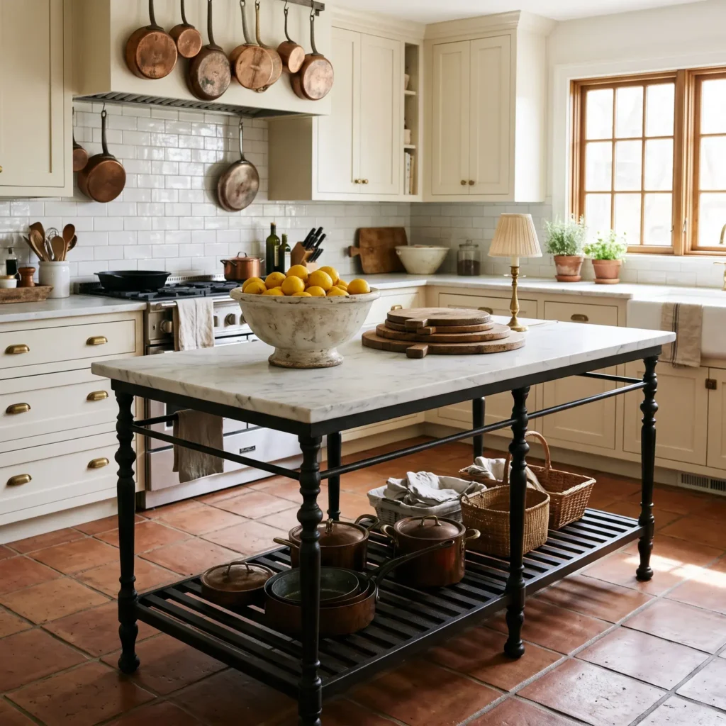 Warm kitchen with a freestanding iron and honed marble baker island table, hanging copper pots, and terracotta tile floors.