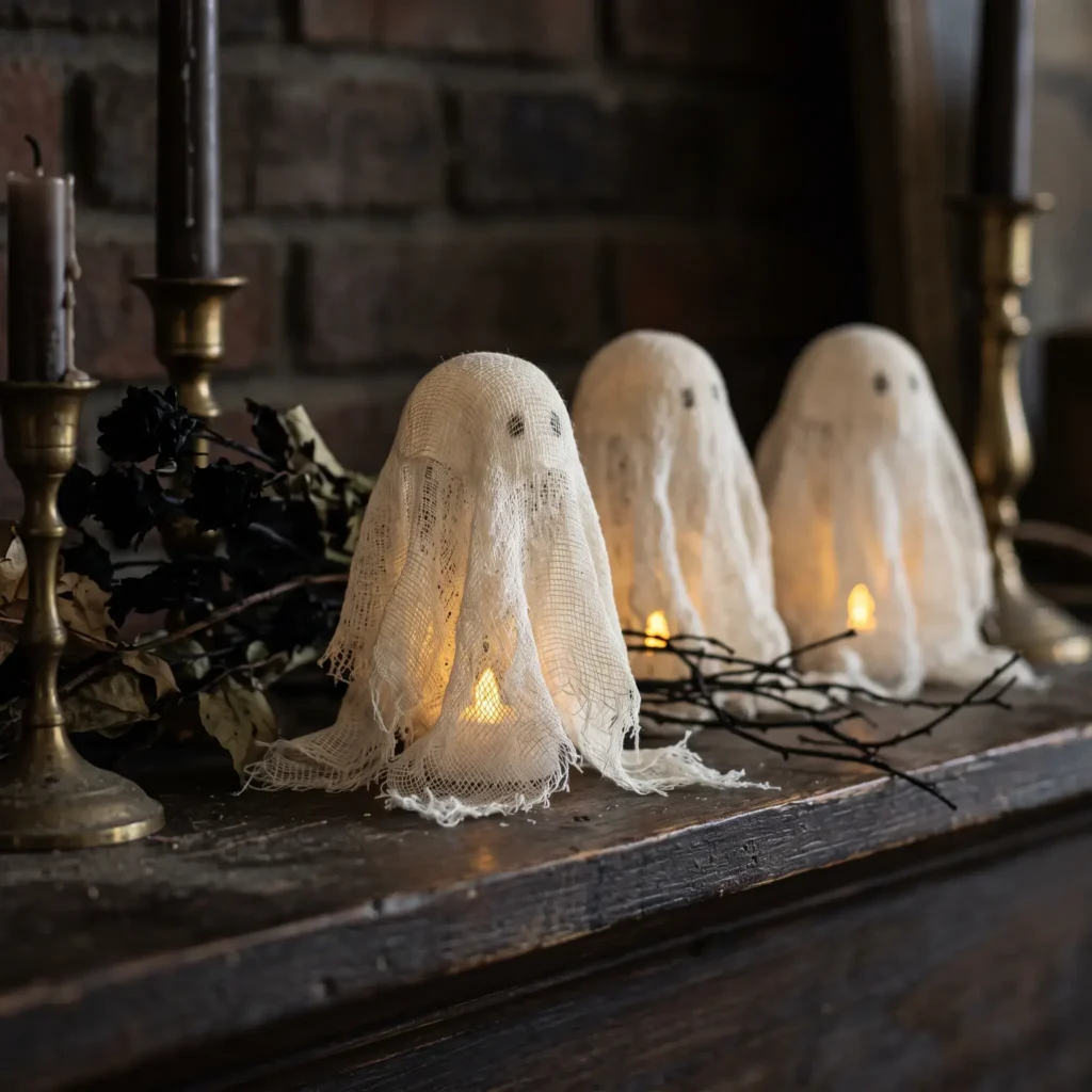 Delicate freestanding stiffened cheesecloth ghost glowing on a dark fireplace mantel.