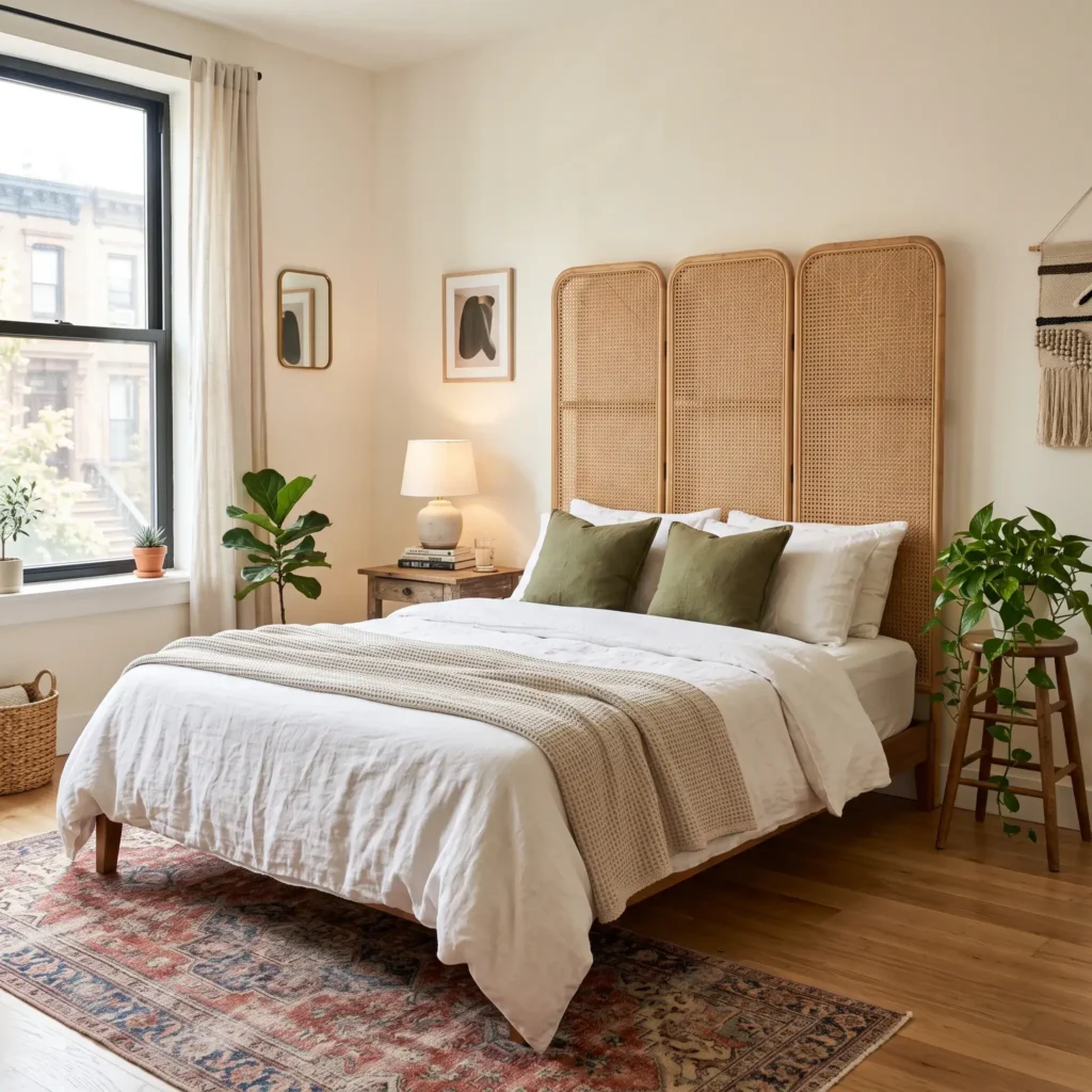 Natural rattan three-panel folding screen placed behind a queen bed as a tool-free headboard.
