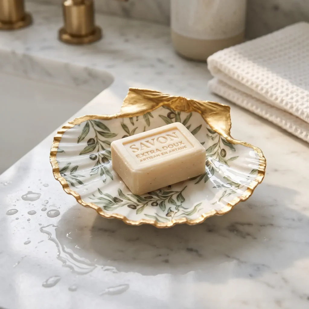 Glossy decoupaged scallop shell used as a soap dish holding a bar of French milled soap beside a bathroom sink.