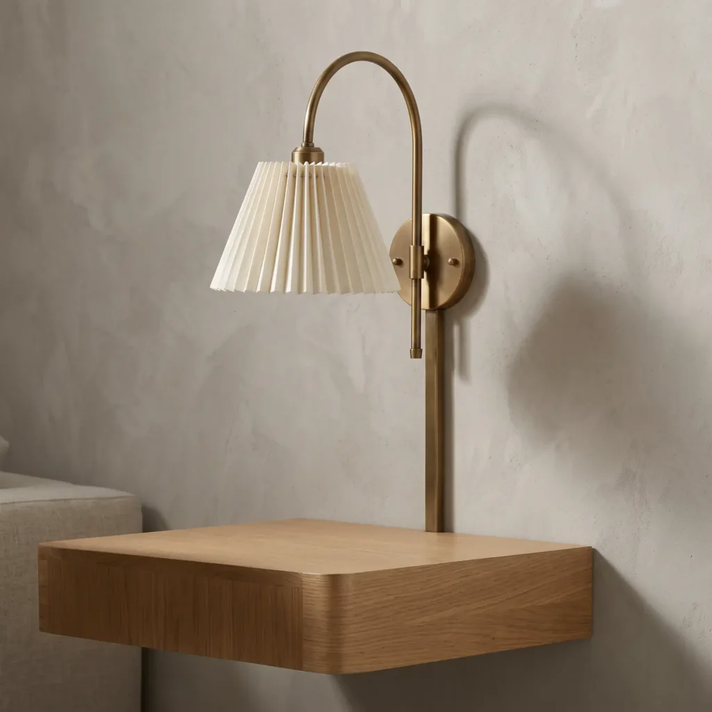 French style brushed brass plug-in wall sconce with pleated shade mounted beside a linen headboard.