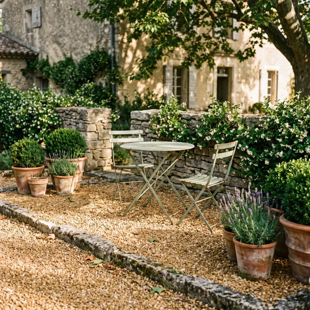 French provencal patio with loose pea gravel, green wrought iron bistro set, and potted lavender in terracotta urns.