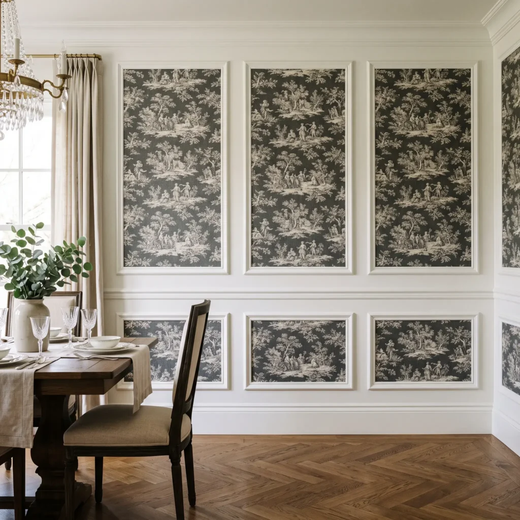 French charcoal toile removable wallpaper installed inside white painted picture frame wall molding.