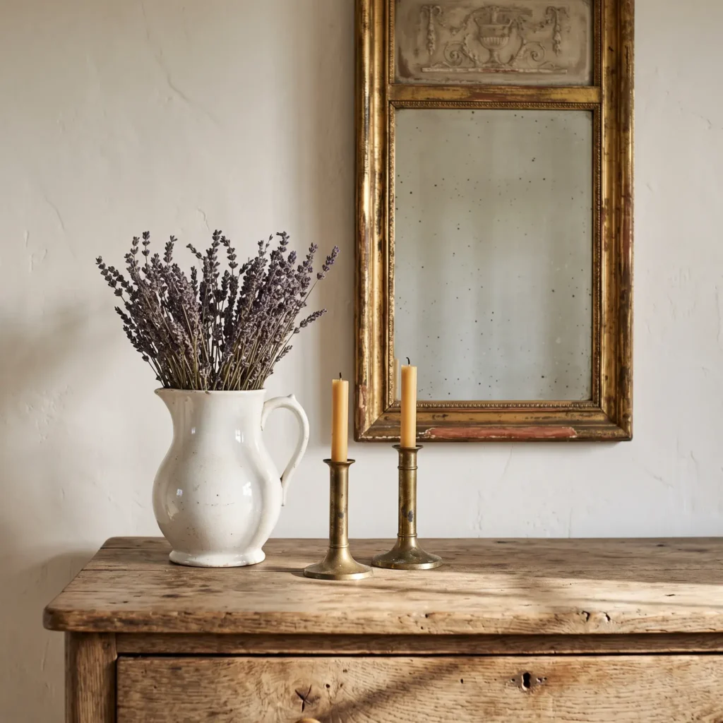 Gilded French trumeau mirror mounted above a dresser styled with white antique ironstone pitcher and dried lavender